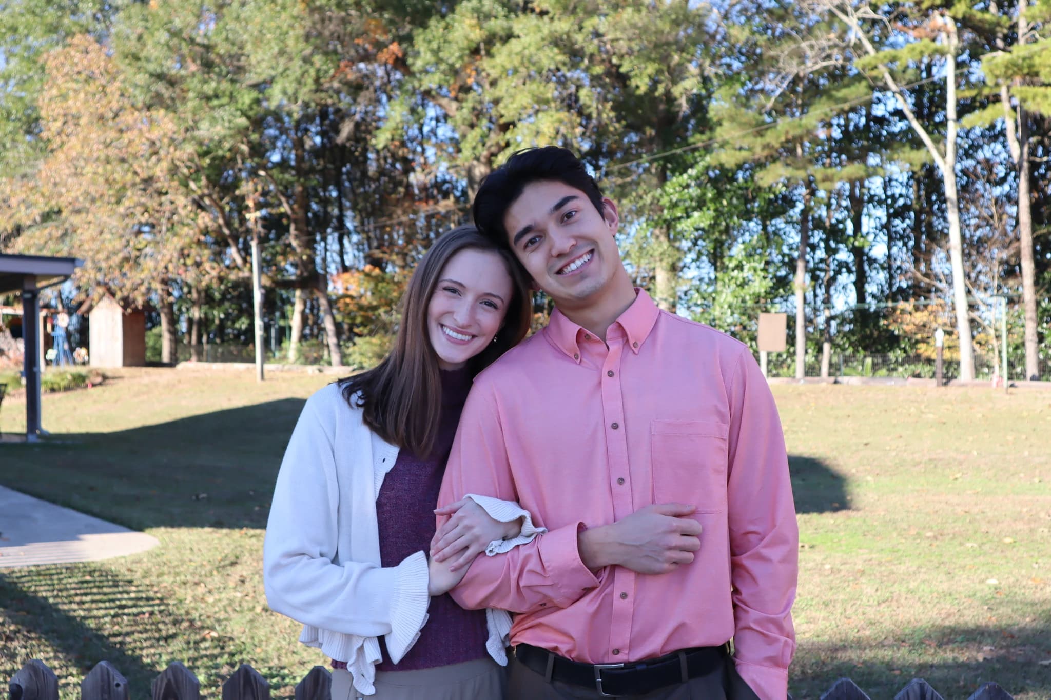 Corley and Oliver outdoors on their first Thanksgiving together